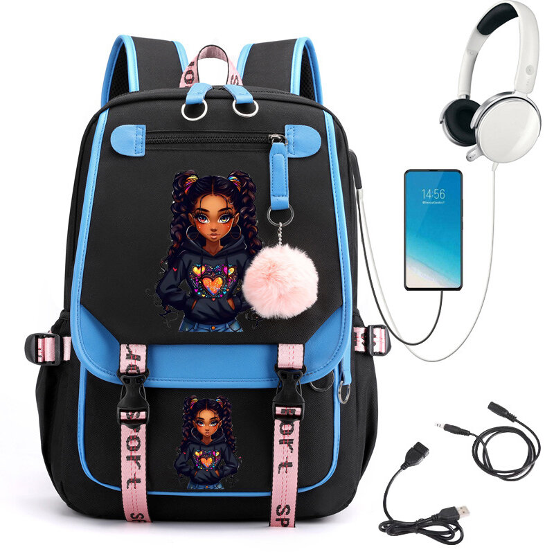 Lockige schwarze Mädchen drucken Schul rucksack niedlichen Cartoon Schult asche für Schüler Teenager USB Bücher tasche Anime Laptop Teenager Rucksack Taschen