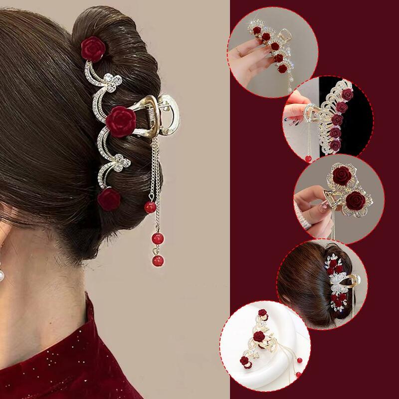 Pinza para el pelo para niña, accesorio femenino de color rojo, elegante, estilo Vintage, con borla de Rosa flocada, para cola de caballo, S3W6