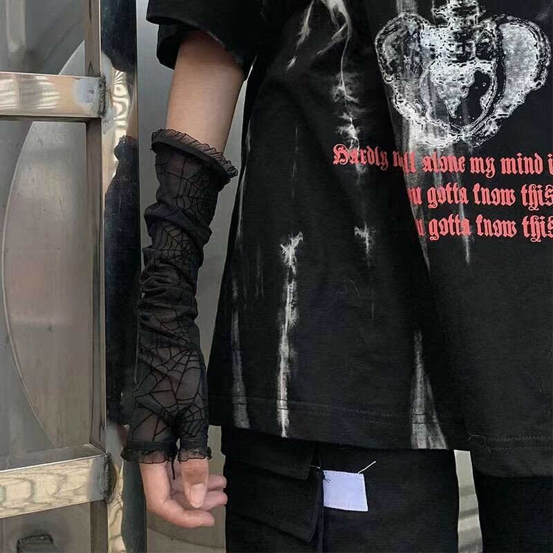 Gothic Lolita ragazze nero ragnatela guanti senza dita in pizzo maglia guanti Punk Harajuku donne Sexy mezza lunghezza del dito maniche nuovo