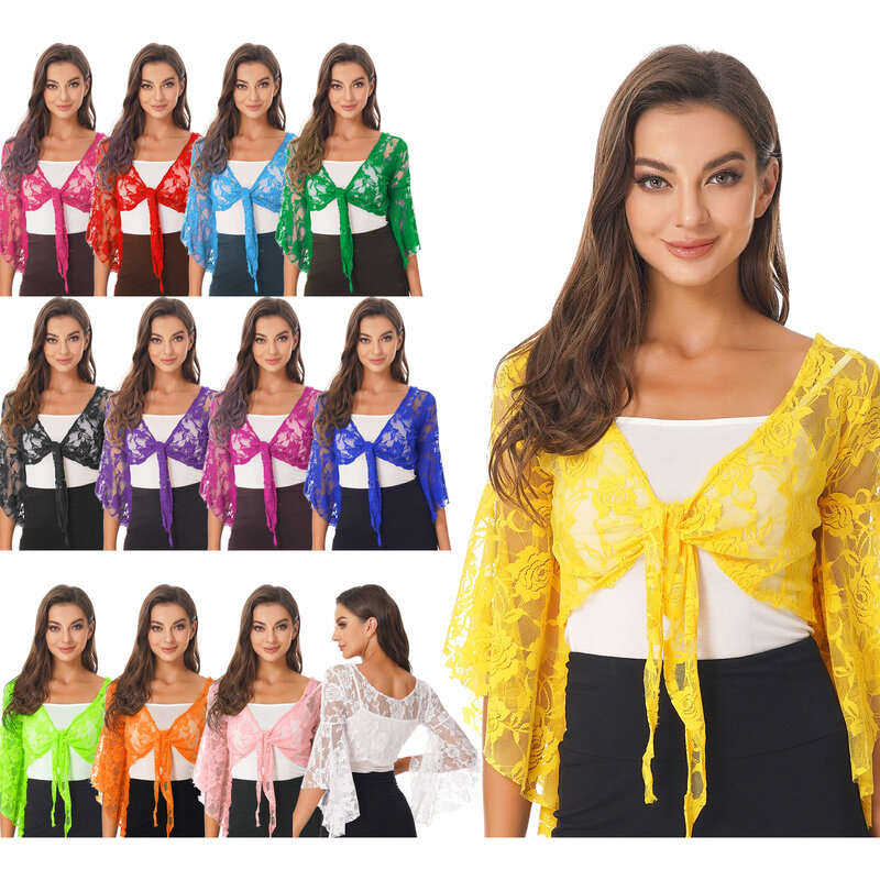 Camisa de dança do ventre feminino bolero curto cardigan rendas flare manga longa encolher rendas camisa ginástica cobrir cardigan envoltórios