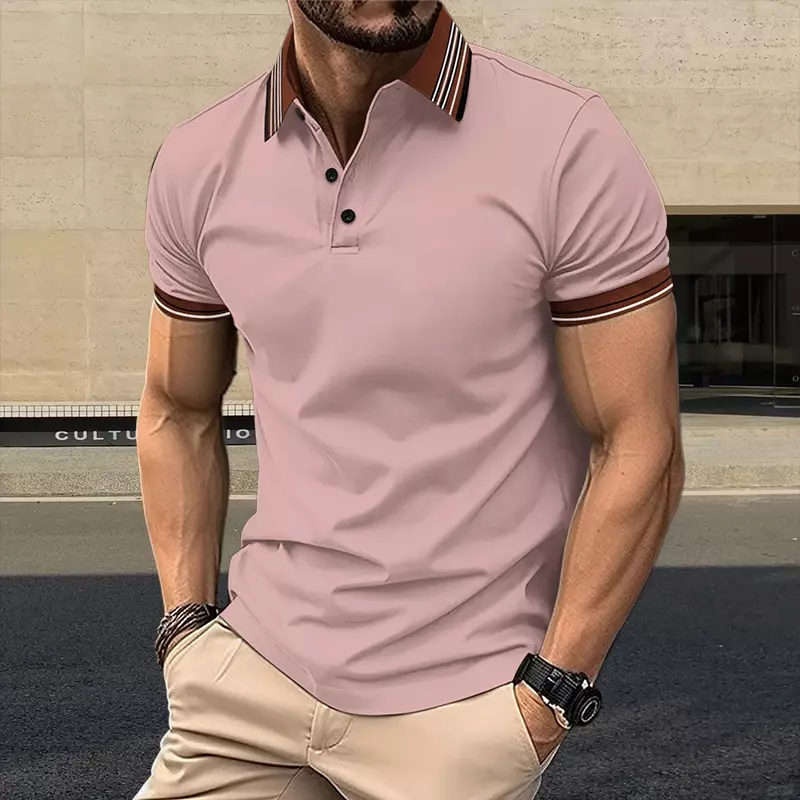 Camisa polo masculina com gola listrada, camisa de negócios, resistente a rugas, casual street wear, top respirável, elegante