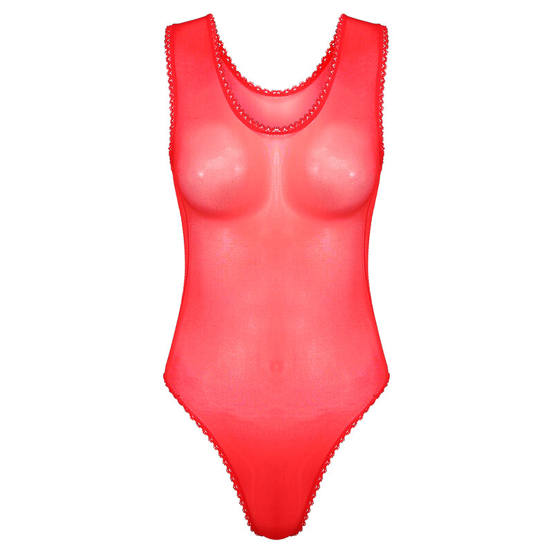 Women See-through Bodysuit Sleeveless Sheer High Cut Lingerie Leotard Swimsuit Sunbathing Swimwear Beachwear Honeymoon Nightwear