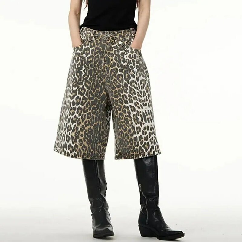 Брюки женские с широкими штанинами и леопардовым принтом, Свободные повседневные мешковатые штаны до колен в американском ретро стиле, в стиле хип-хоп