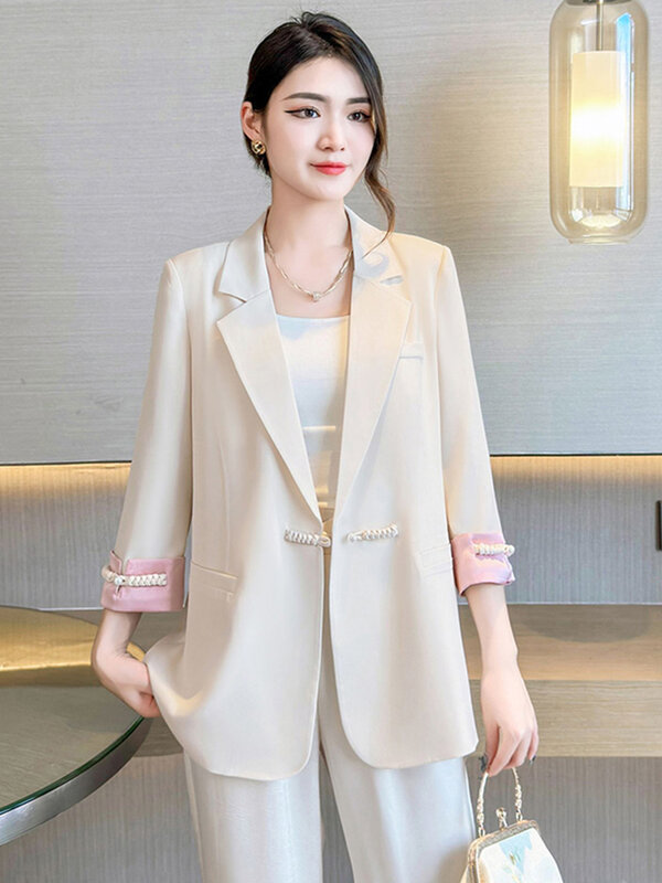 중국 스타일 전국 여성 세트 재킷, 레트로 버클 플러스 사이즈, 캐주얼 우아한 세트 블레이저 탑, 2024 용수철 여름 신상