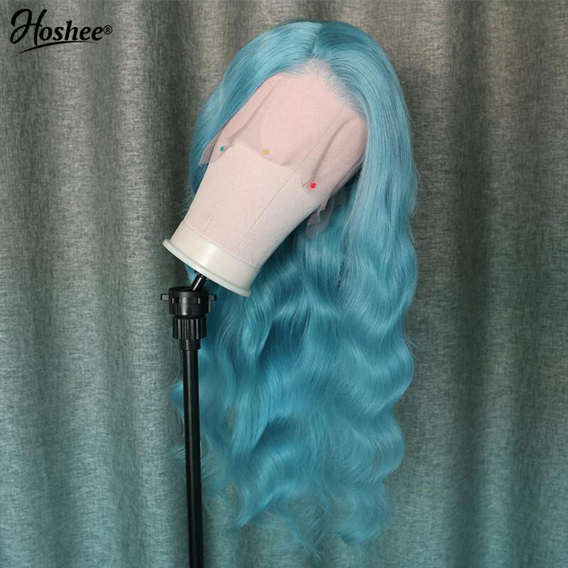 Hoshee-Perruque Lace Front Wig Deep Wave brésilienne naturelle Remy, cheveux vierges, couleur bleue, 13x4, pre-plucked, pour femmes