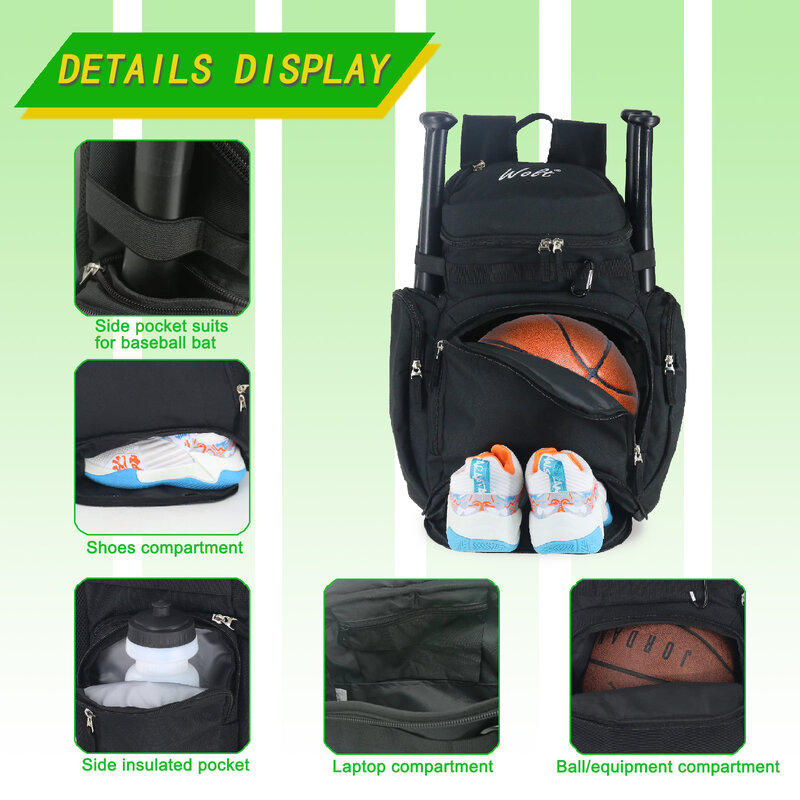 Wolt 농구 베낭가방, 별도 볼 수납 공간, 신발 포켓, 농구, 축구용 대형 스포츠 장비 가방
