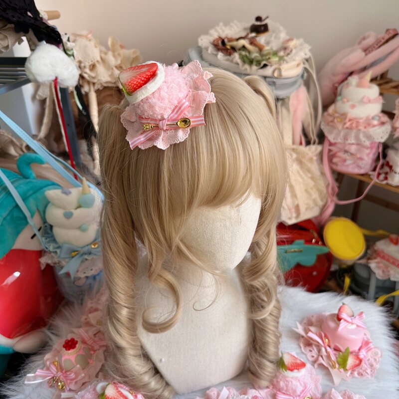 Pita rambut elemen Lolita buatan rumah asli topi ulang tahun bergaris stroberi buatan tangan