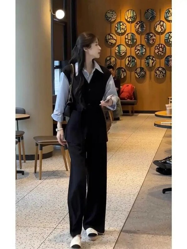 Spring and Autumn Seasons New Dry and Elegant Commuter Women's High End Small Fragrant Wind Suit Vest Shirt Wide Leg Pants Set