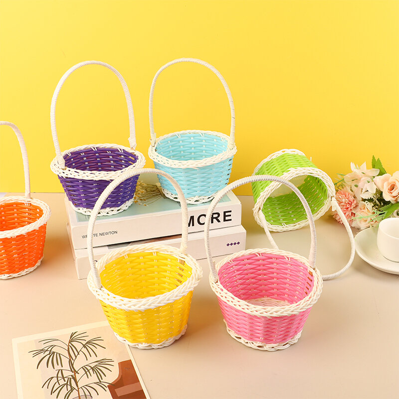 Cesta de ratán tejida de plástico para huevos de Pascua, cesta de almacenamiento redonda, cesta de regalo para el hogar, azul