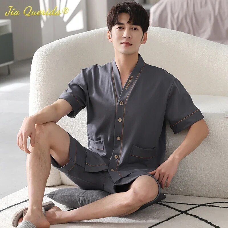 SUKAE Men Nightwear Home Clothing Summer Shorts Two Pieces Cotton Big Size 3xl 4xl Pajama V Neck Japanese Kimono Pjs Sleepwear