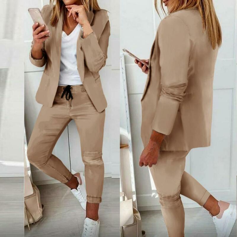1 Set setelan gaya wanita, Blazer celana gaya warna Solid jahitan terbuka celana Blazer ramping