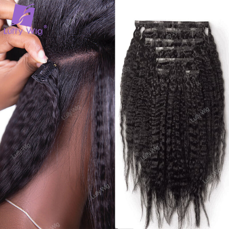 Luffywig-人間の髪の毛のエクステンション,シームレスなクリップ付きのブラジルのレミー巻き毛,黒,女性用