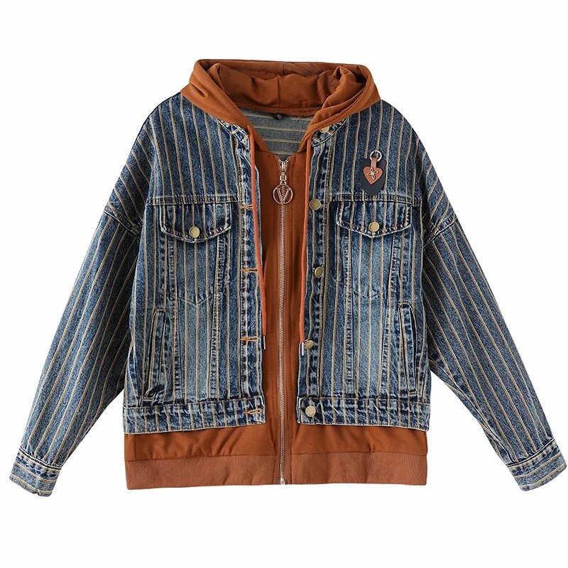 2024 New Women Denim Jacket Spring Autumn Fashion Join Together Fake Two Pieces Hooded Lady Outerwear  Loose Female Cowboy Coat