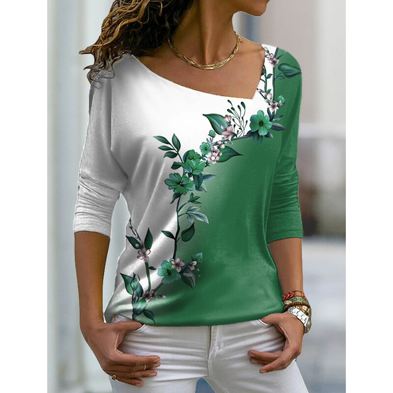 2023 Women's Floral Theme Printed Painting Tee Shirts V Neck Casual Female Daily Pullover New T Shirt Design Streetwear Summer