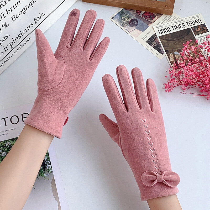 Winter Women Touch Screen Keep Warm Gloves Plus Velvet Thicken Bow Embroidery Fashion Personality Elegant Drive Windproof