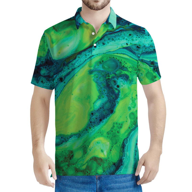 Kaus Polo pria, kaus Lapel kasual lengan pendek longgar cetakan 3D musim panas pola aliran cairan warna-warni
