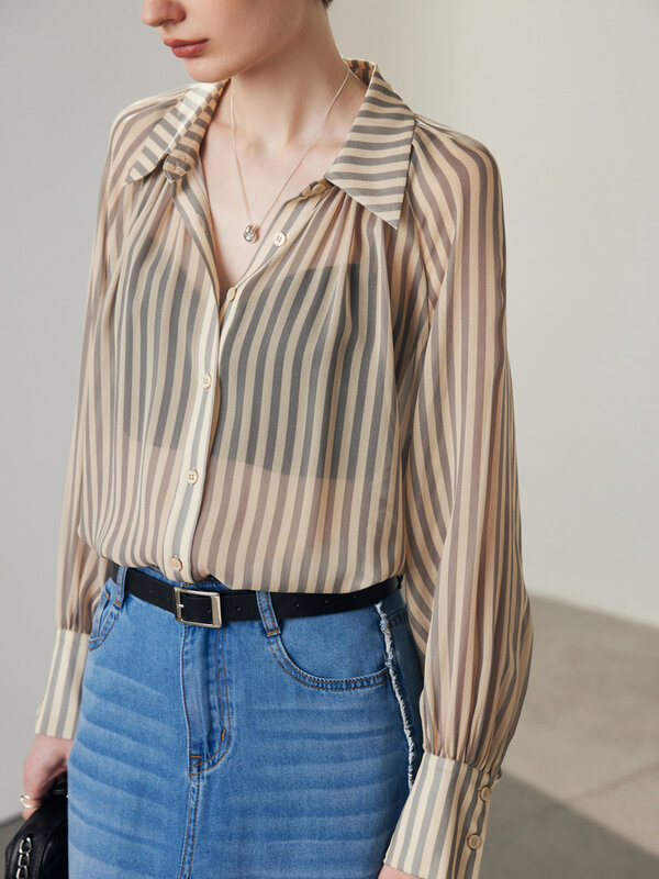 Рубашка SuyaDream Женская в полоску, из 100% натурального шелка, с рукавами реглан, модель 2024 года, повседневный топ на весну и лето