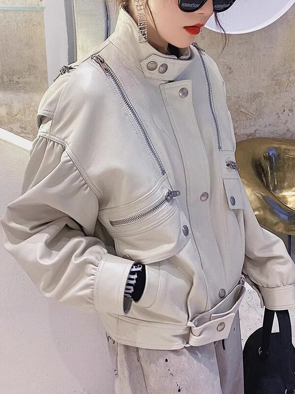 Skórzana prawdziwa damska kurtka motocyklowa jesień zima 2024 Trend luźne krótkie prawdziwe damskie płaszcze z owczej skóry