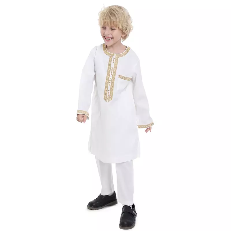 Muslim Children Robe 2 Piece Set Kids Boy Round Neck Long Sleeve Printed Dress Shirt Abaya Kaftan Jubba Thobe Islamic Clothing