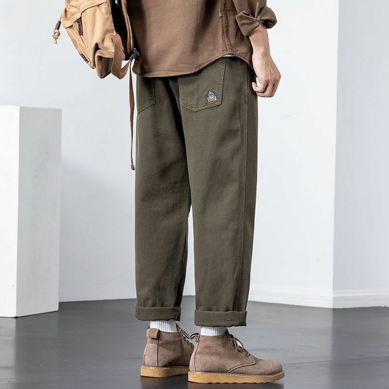 Брюки мужские однотонные с эластичным поясом, модные штаны с широкими штанинами, свободные уличные брюки из чистого хлопка в стиле пэчворк, с карманами, весна-осень