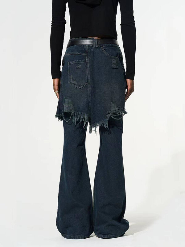 Женские Широкие джинсовые брюки с дырками в стиле пэчворк 2024, длинные расклешенные брюки с высокой талией в стиле хип-хоп, повседневные уличные джинсы, брюки