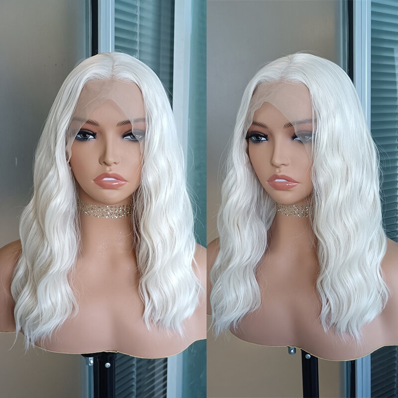 Diniwigs Platinum Blonde Short Wave Synthetic Lace Front Wigs Shoulder Length Lace Frontal Heat Fiber Hair Cosplay Daily Use Wig