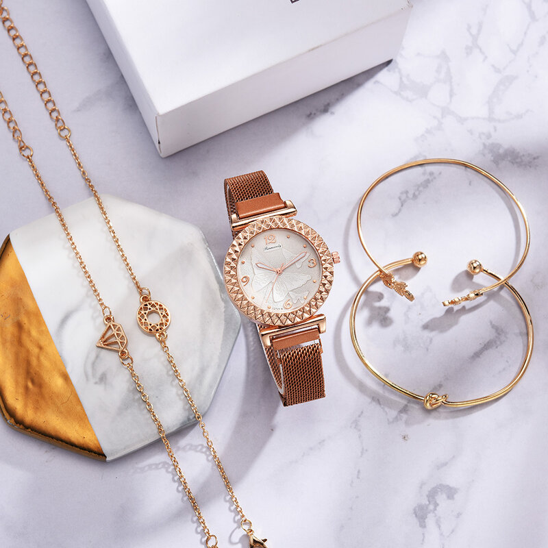 Conjunto de 5 relojes de piezas para Mujer, de lujo, de oro rosa, de cuarzo, informales, a la moda, joyería