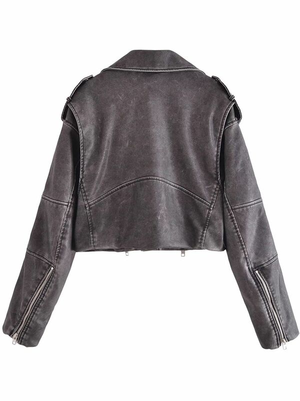 Новинка 2023, стильная женская кожаная куртка, брендовая куртка, короткая куртка с пониженной застежкой-молнией и винтажным воротником, коричневая куртка