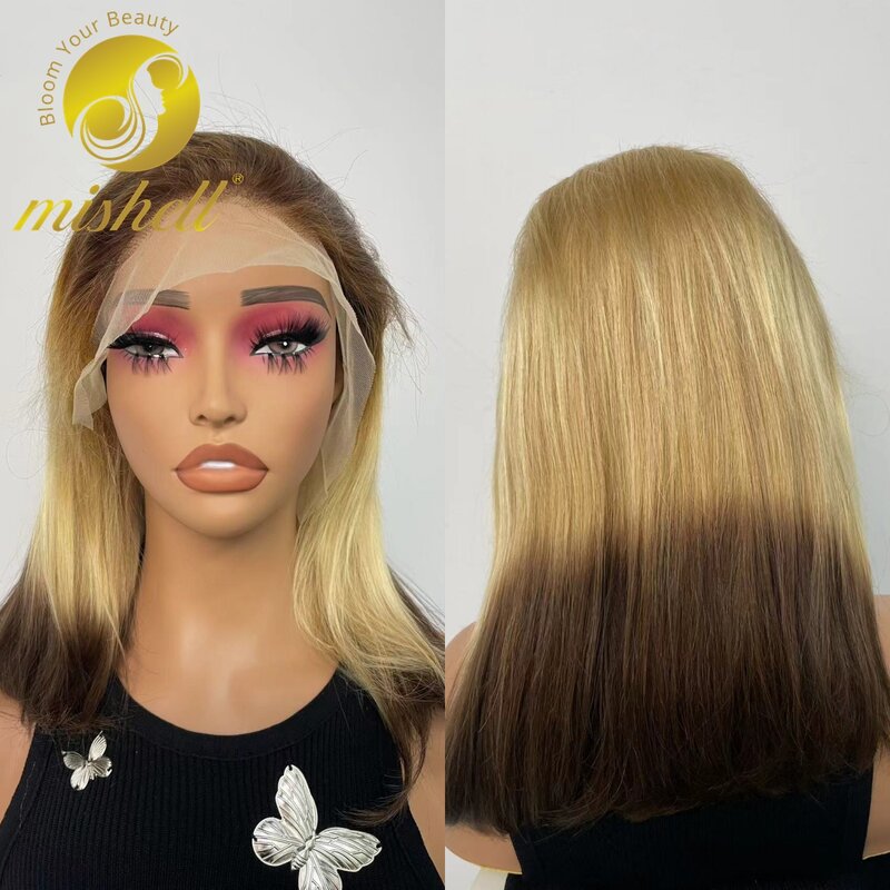 250% Density 4-613-4 Color Short Straight Bob Wig 13x4 Transparent Lace Frontal Wig Brazilian Remy Human Hair Bob Lace Front Wig