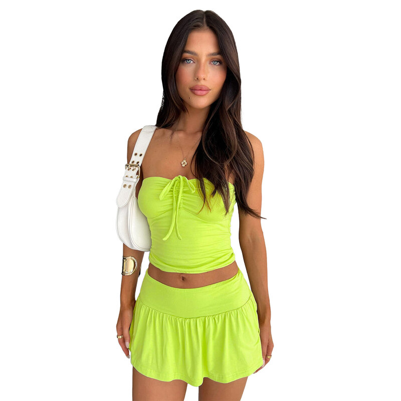 INS New Summer Fashionable Strapless Crop Top and Double-layer Mini Skirt  Fashion Women Two Pieces Set Club Sleeveless Tees