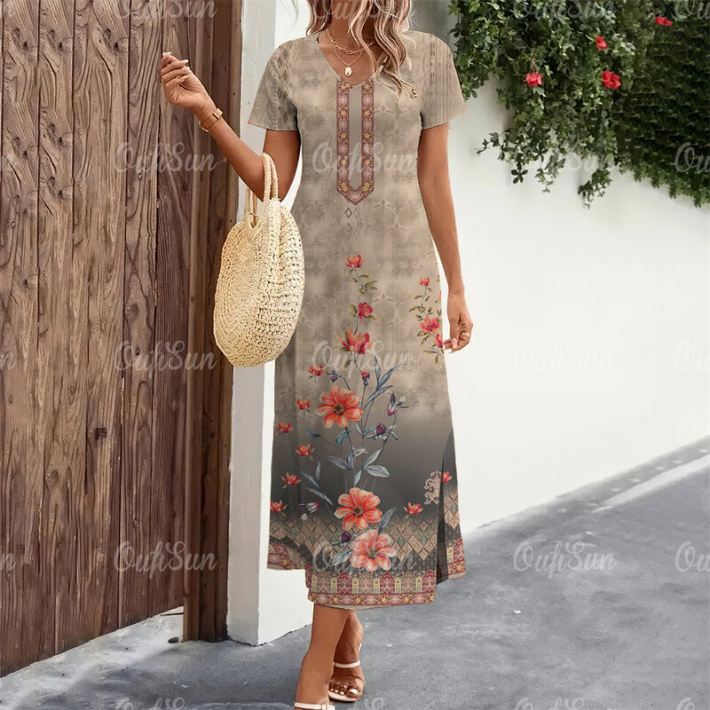 Vestido feminino elegante com decote em v manga curta, vestidos da moda feminina, pulôver fino, saia de fenda, roupas de verão