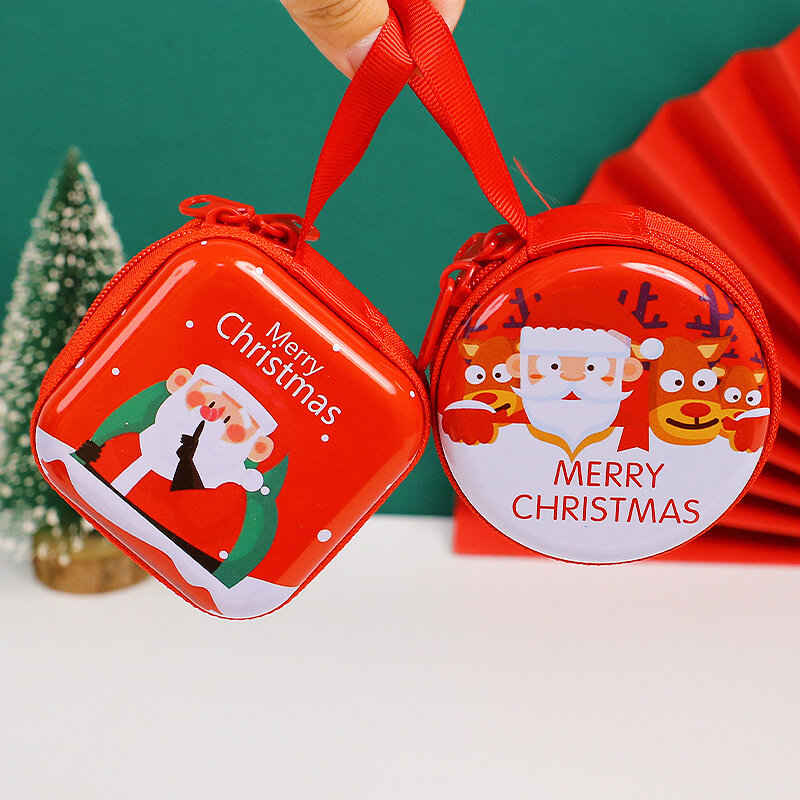 Urocza świąteczna blaszana torebka na monety kreskówka kreatywny okrągły portfel Organizer na słuchawki pudełko dla dzieci dziewcząt prezenty świąteczne