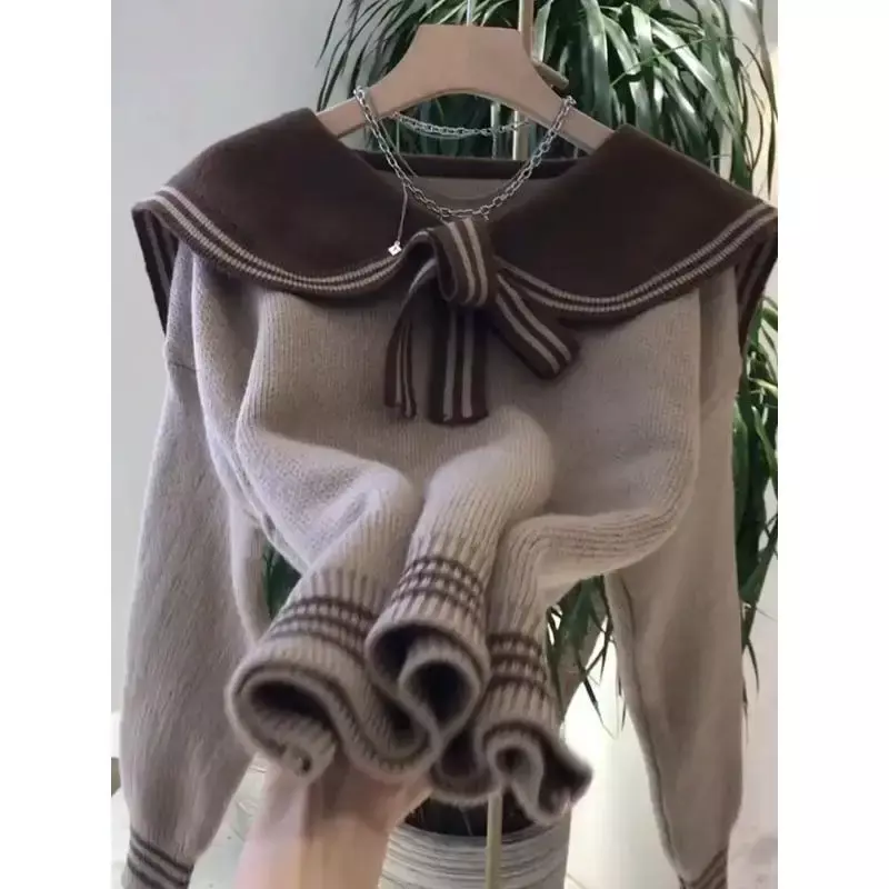 Camisola feminina com pescoço polo e arco, camisola com design solto, blusa de malha casual preguiçosa, nova, outono e inverno, 2023