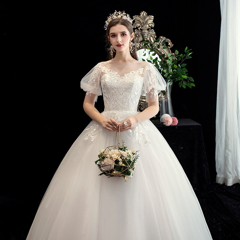 2022 neue Vintage V-ausschnitt Kurzarm Hochzeit Kleid Illusion Einfache Spitze Stickerei Nach Maß Brautkleid Vestido De Noiva L