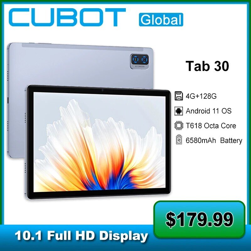 Cubot-Tablette PC Tab 30, 10.1 pouces, batterie 6580mAh, Android 11OS T618 Octa Core, 4G Dean, 128 Go de RAM, caméra frontale 5MP, carte graphique pour touristes