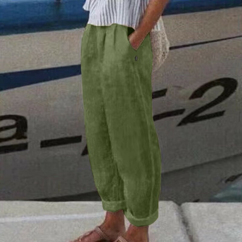 Pantalones elegantes de lino y algodón para mujer, pantalón informal, holgado, con cintura elástica, de pierna ancha, para verano
