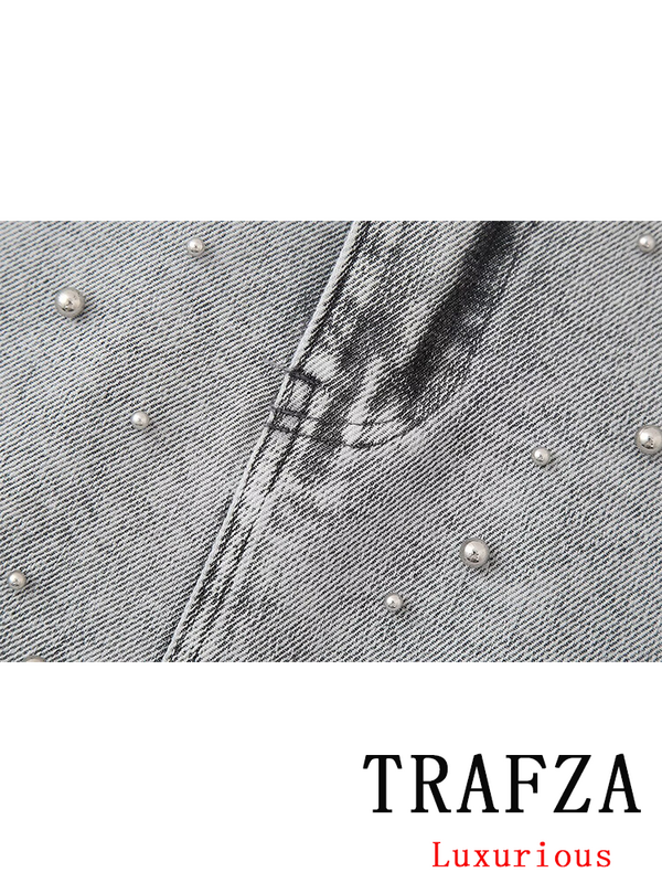 TRAFZA-Saia curta jeans vintage slim com pérolas artificiais para mulheres, moda casual chique, minissaia monocromática, nova moda, verão, 2024