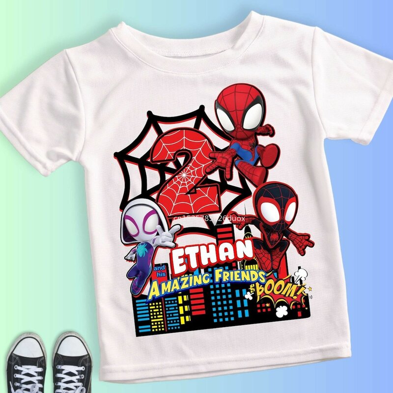 Letni dzieciak 2 3 4 5 6 7 8 9 pająk i jego koledzy biała koszula urodzinowa Spider-Man spersonalizowana koszulka urodzinowa chłopca