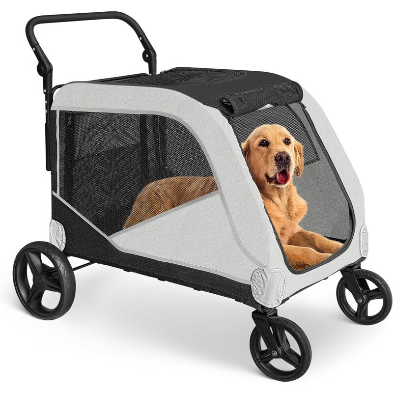 عربة كلب كبيرة جدا مع 4 عجلات ، مقبض قابل للتعديل ، شبكة تنفس ، تصميم عاكس ، عربات الكلاب