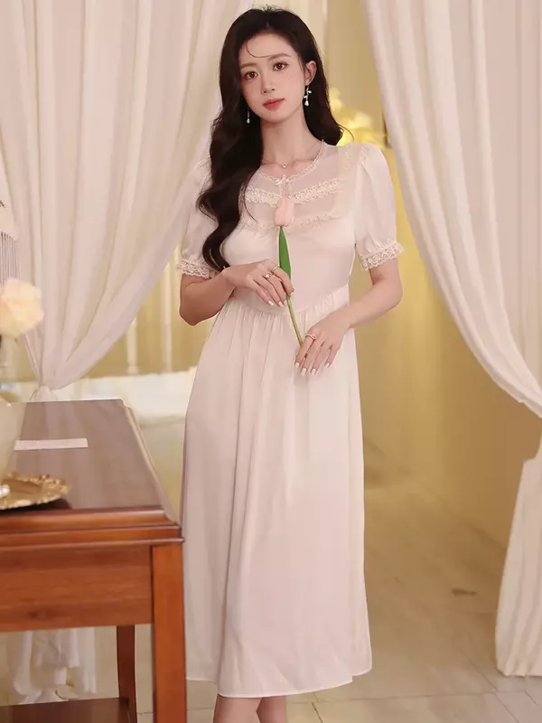 Women Silk Fairy Ruffles Nightdress Summer Victorian Princess Sleepwear French Sexy Nightgowns Lolita Nightwear Loungewear