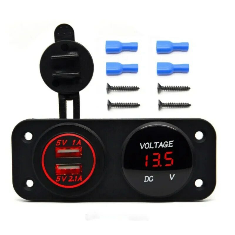 듀얼 USB 포트 전원 소켓 콘센트 충전기 어댑터, 자동차, 오토바이, 보트 3.1A + LED 전압계에 적합, 12V, 24V