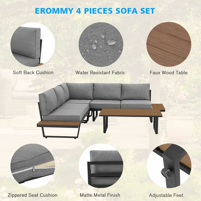 4 Stuks Buiten Sectionele Sofa Set Met Salontafel, 91 ''× 91'' Extra Grote L-Vormige Metalen Conversatieset Met Kussen