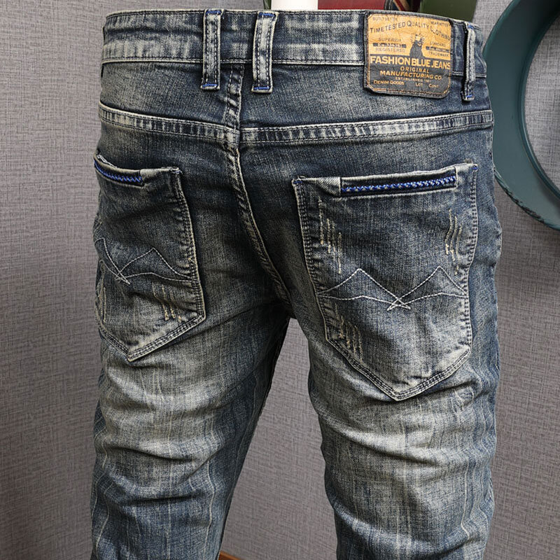 Streetwear modne dżinsy męskie niebieskie w stylu Retro elastyczne Slim Fit Vintage porwane jeansy męskie drukowane projektant hip-hopowe spodnie dżinsowe Hombre