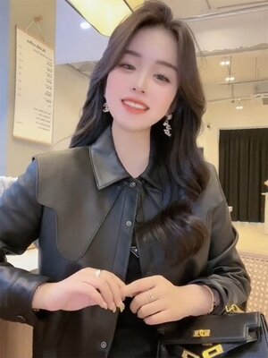 Women's Leather Jacket Short Autumn Korean Style Temperament Doll Neck High Waisted Leather Jacket