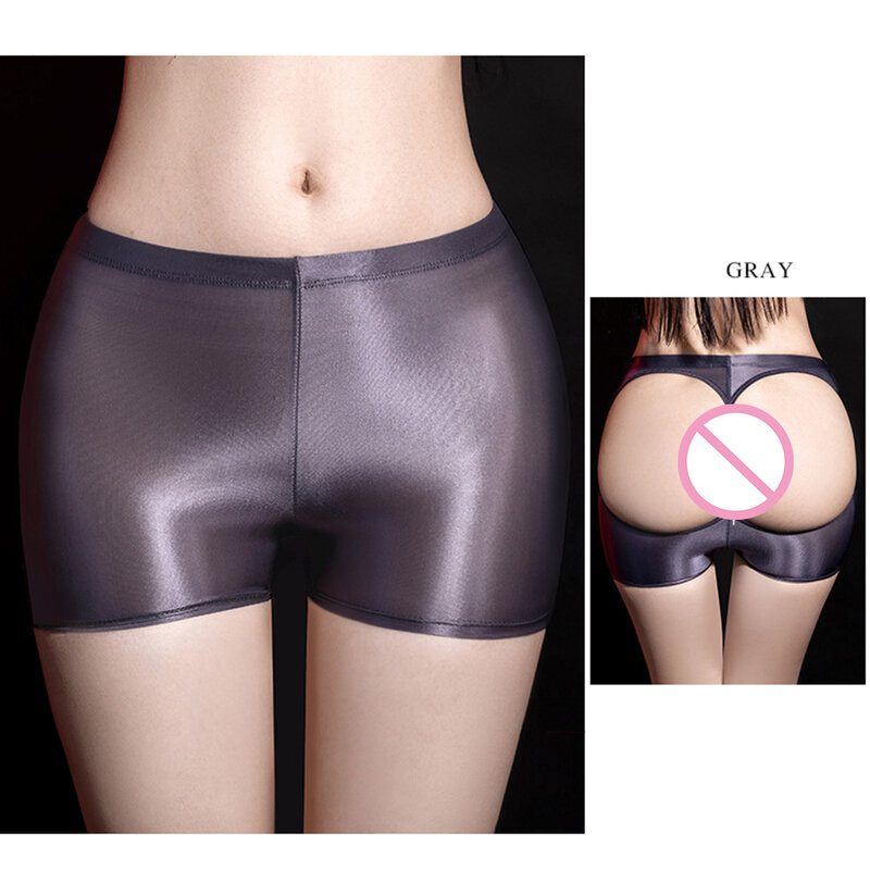 Women Sexy Shiny Glossy Boxer Briefs Hollow Out Open Butt Panties  See Through Smooth Underwear Stretch Tight Erotic Underpants