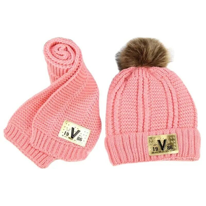 Doitbest Hairball Beanies Sets Velvet Wool Kids Knitted Fur Hats Winter 2 pcs Boys Girl Scarf Hat For 3 to 10 Years old Child