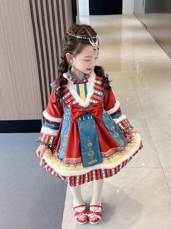 한푸 소녀 민족 스타일 어린이 새해 의류, 가을 및 겨울 이국적인 공주 치마, 벨벳 추가, 두꺼운 소녀