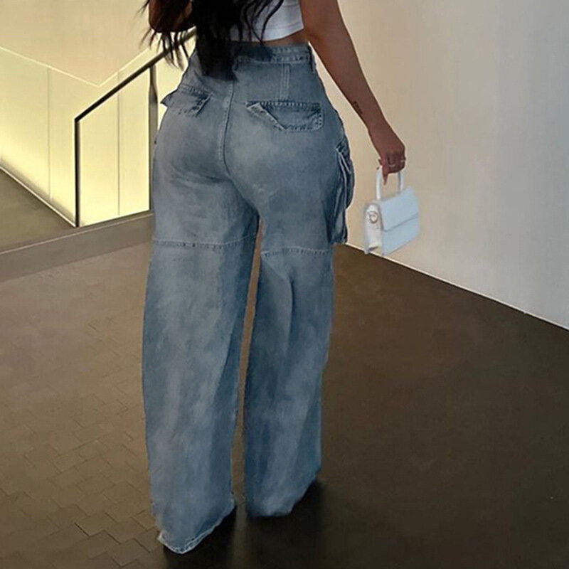 Dżinsowe Planet Street Trend symetryczna kieszeń rozcięte luźne spodnie robocze w połączeniu z kilka kieszeni damskimi dżinsami