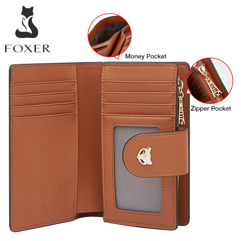 FOXER 여성용 럭셔리 클러치 백, 고품질 지갑, 레이디 PVC 동물 프린트 카드홀더, 대용량 미디엄 및 롱 동전 지갑