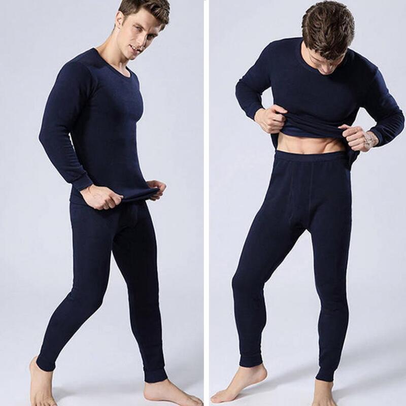 Conjunto de roupa interior térmica flexível masculino, forro velo grosso, manga comprida, roupa caseira redonda, pijama de inverno